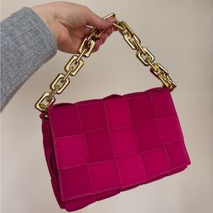 Pink Woven Handbag with Gold Chain